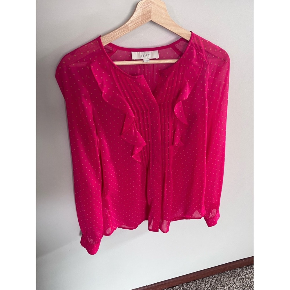 LOFT Hot Pink Gold‎ Star Print Ruffle Pintuck Blouse Medium Long Sleeve Sheer